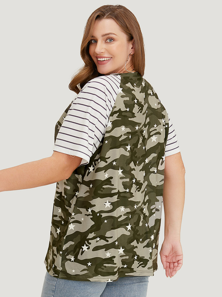 

Plus Size Camo & Striped Print Raglan Sleeve T-shirt Multicolor Women Casual Contrast Camo Round Neck Dailywear T-shirts BloomChic
