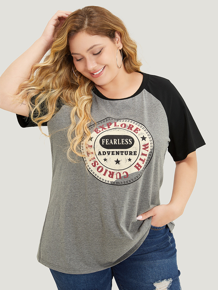 

Plus Size Graphic Print Contrast Raglan Sleeve T-shirt Gray Women Casual Contrast Area Dailywear T-shirts BloomChic
