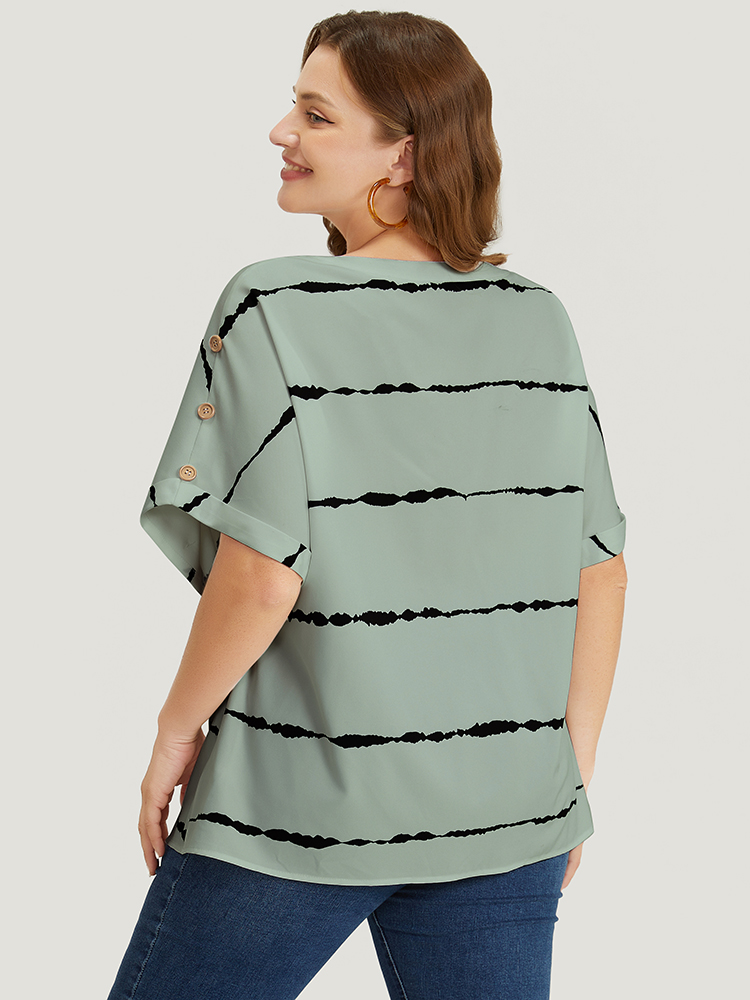 

Plus Size Mint Tie Dye Notched Button Detail Roll Dolman Sleeve Striped Blouse Women Work From Home Short sleeve Notched collar Work Blouses BloomChic