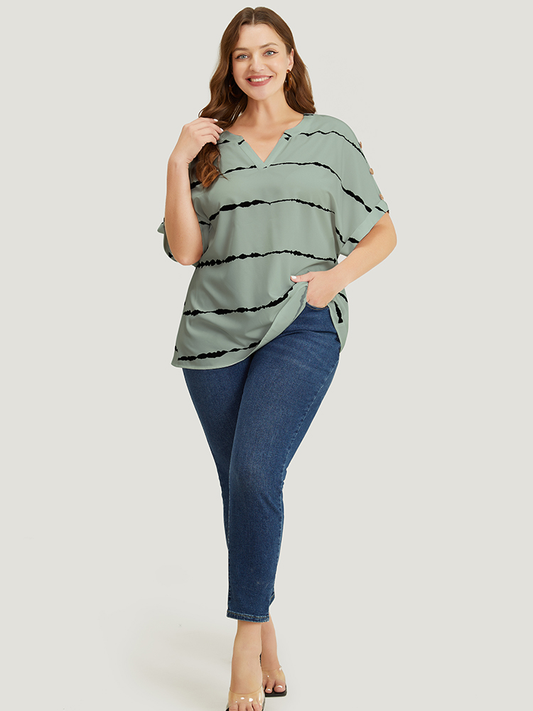 Plus Size Mint Tie Dye Notched Button Detail Roll Dolman Sleeve Striped Blouse Women Work From Home Short sleeve Notched collar Work Blouses BloomChic 18-20/2X 
