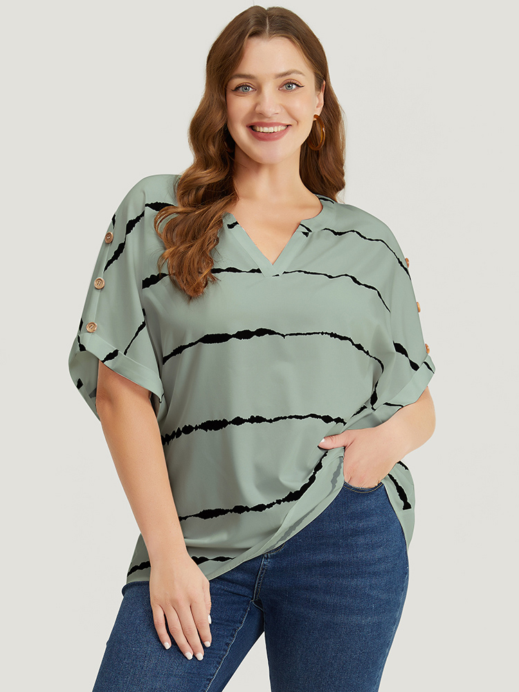 Plus Size Mint Tie Dye Notched Button Detail Roll Dolman Sleeve Striped Blouse Women Work From Home Short sleeve Notched collar Work Blouses BloomChic 18-20/2X 