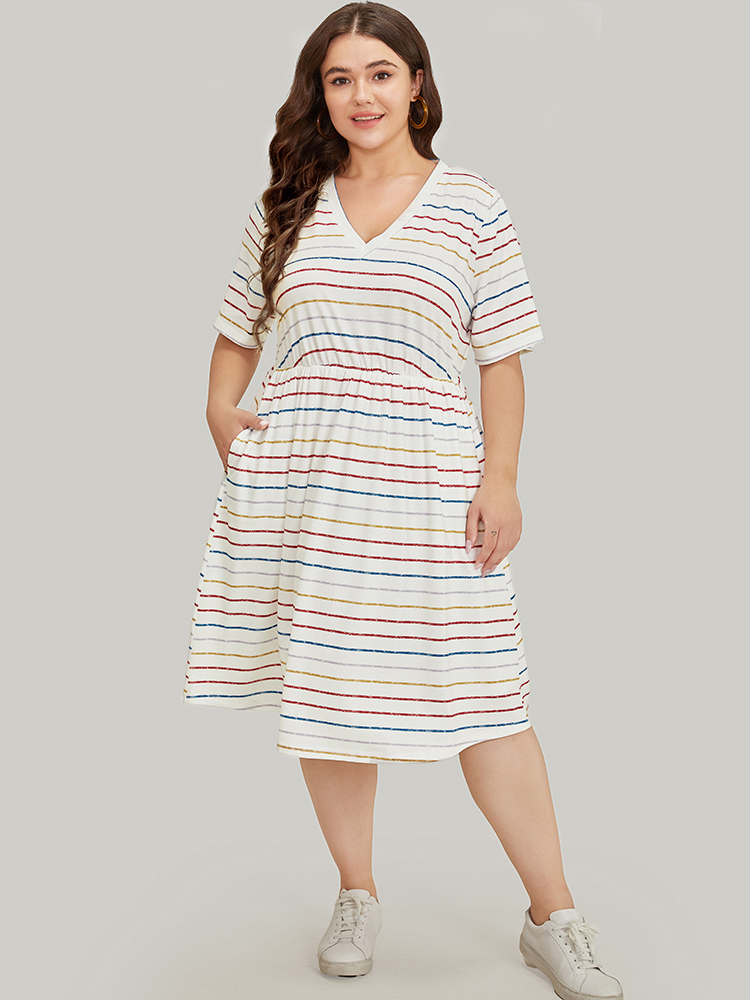 

Plus Size Rainbow Striped V Neck Pocket Contrast Midi Dress Multicolor Women Casual Lined V-neck Short sleeve Curvy Midi Dress BloomChic