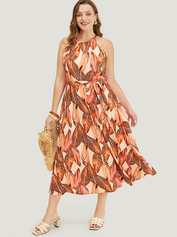 

Tropical Print Knotted Pocket Ruffles Belted Halter Dress, Orangered