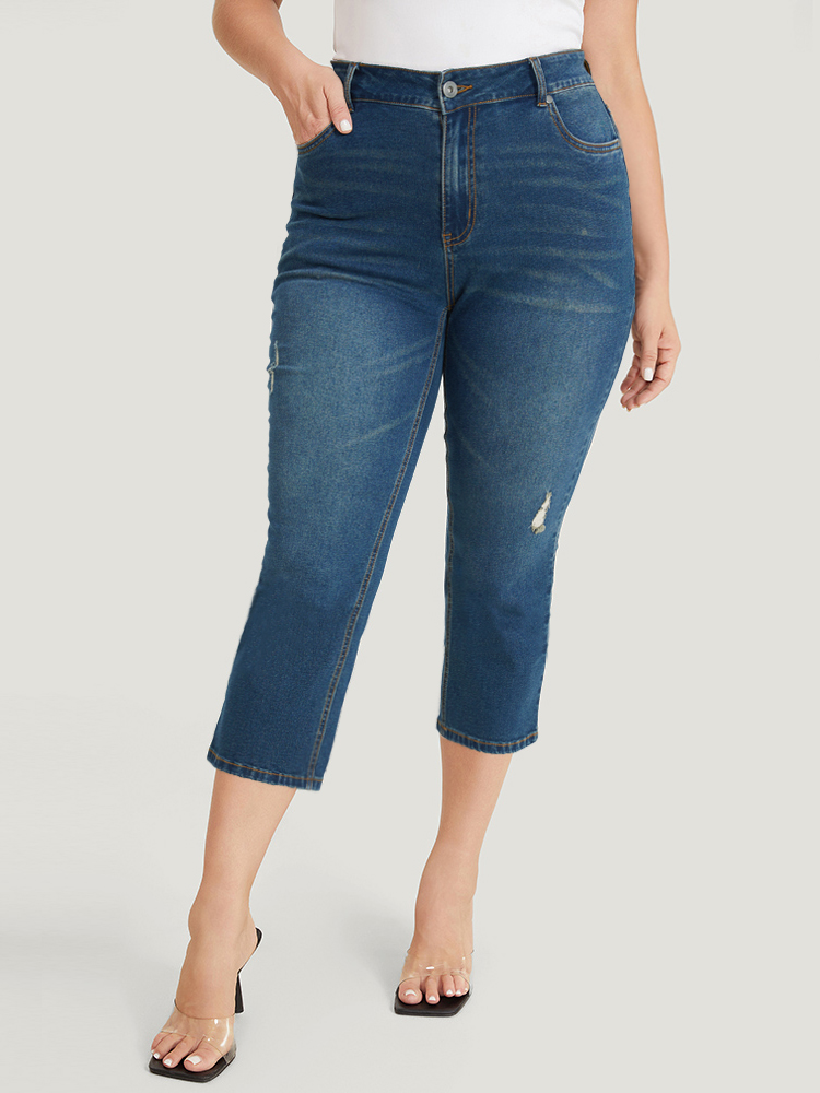 

Plus Size Very Stretchy High Rise Medium Wash Ripped Detail Cropped Jeans Women Indigo Casual Plain High stretch Pocket Jeans BloomChic