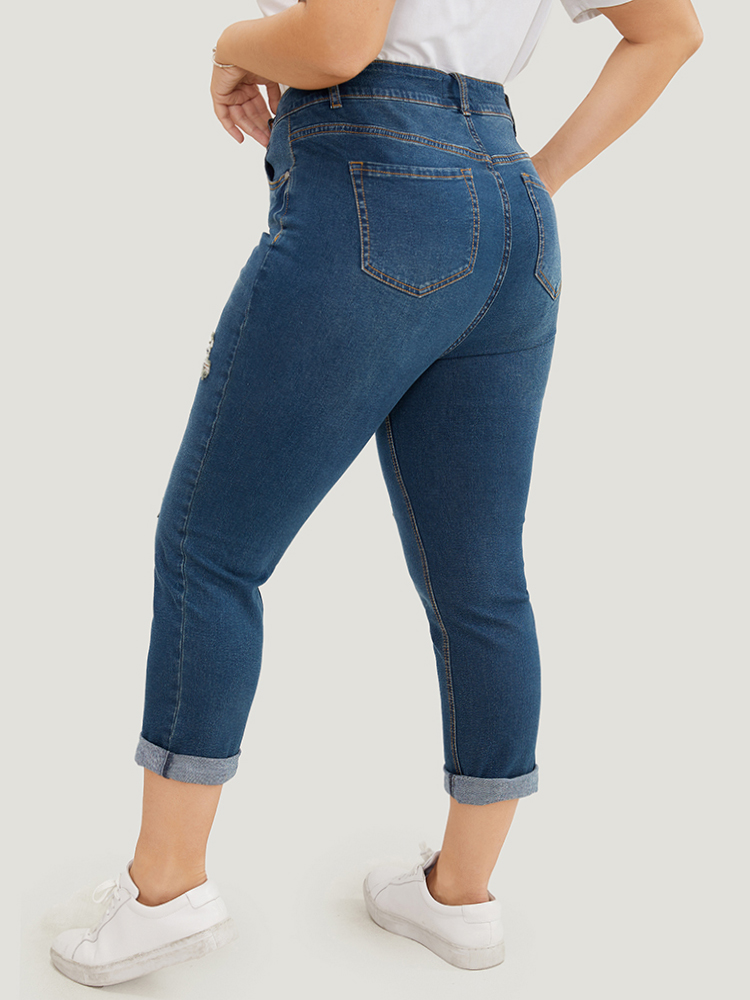 

Plus Size Very Stretchy Dark Wash Roll Hem Cropped Jeans Women Indigo Casual Plain Distressed High stretch Patch pocket Jeans BloomChic
