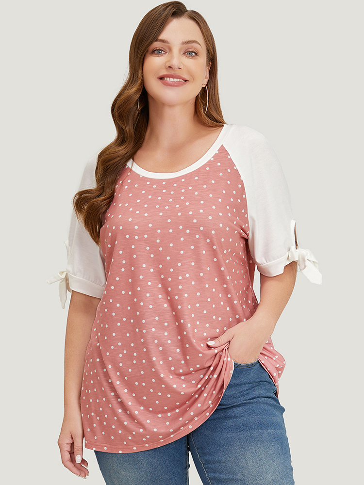 

Plus Size Polka Dot Patchwork Raglan Sleeve Cut Out Bowknot T-shirt Crepe Women Elegant Contrast Colorblock Round Neck Dailywear T-shirts BloomChic