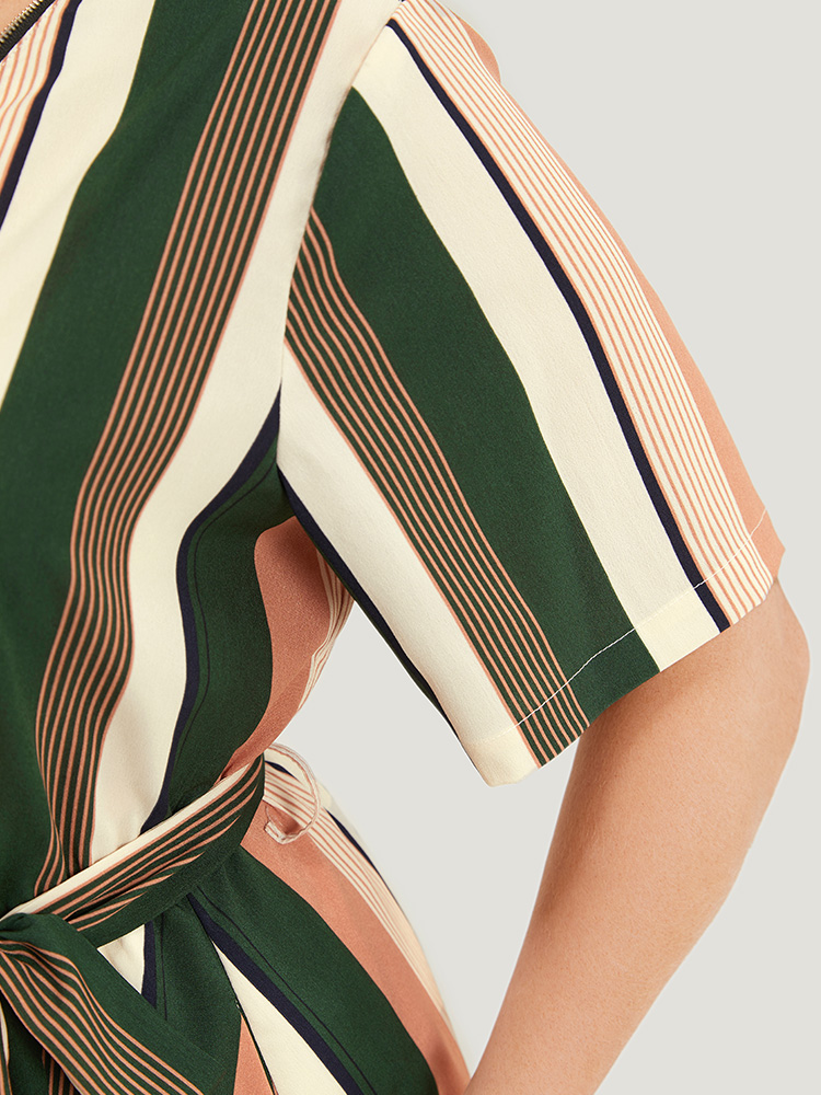 Plus Size Women Work Striped Contrast Regular Sleeve Short sleeve V-neck Pocket Belt Office Dresses BloomChic 