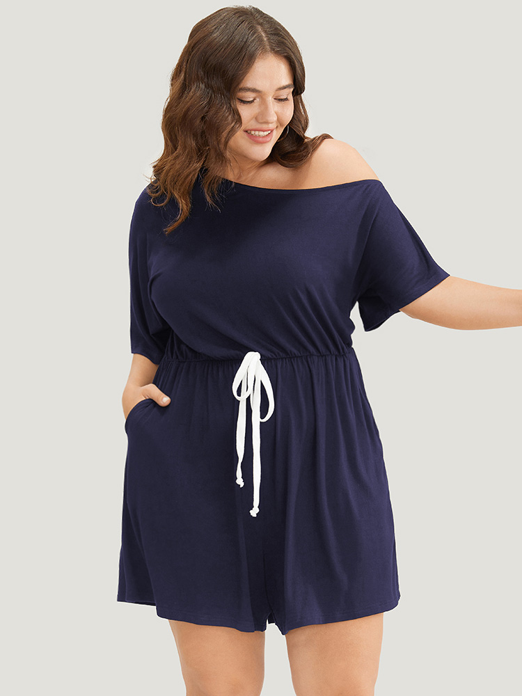 

Plus Size DarkBlue Solid Knotted Front Pocket One Shoulder Romper Women Casual Short sleeve Non Everyday Loose Jumpsuits BloomChic