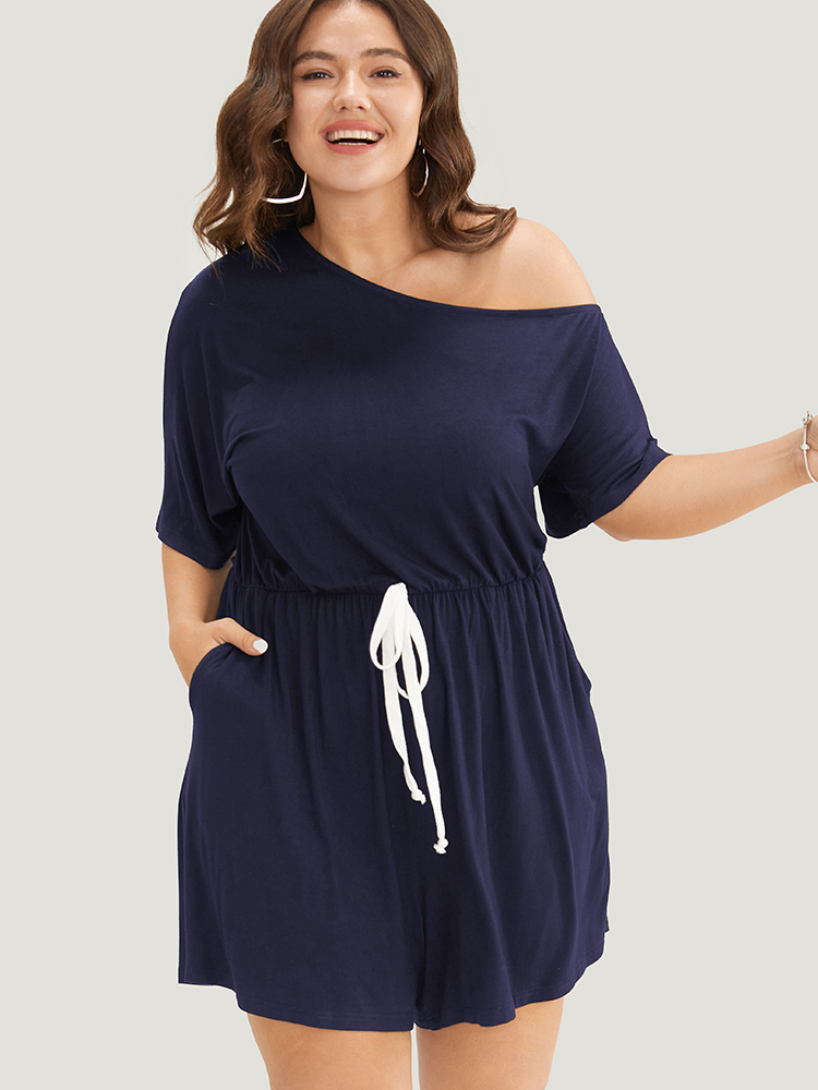 

Plus Size DarkBlue Solid Knotted Front Pocket One Shoulder Romper Women Casual Short sleeve Non Everyday Loose Jumpsuits BloomChic