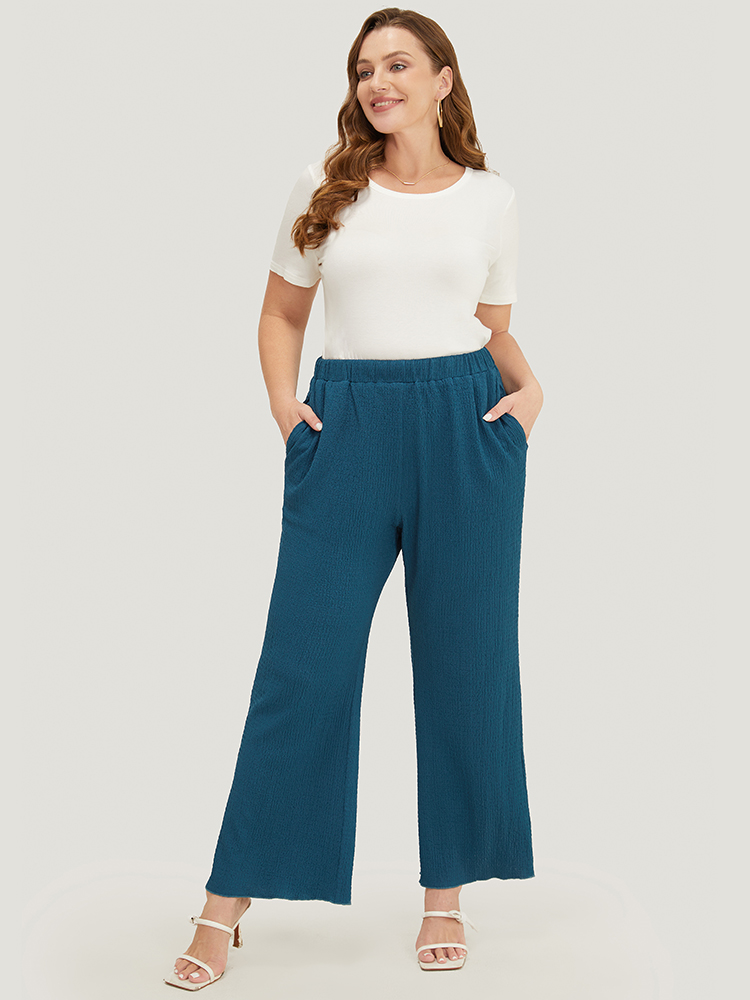 

Plus Size Solid Textured Elastic Waist Pocket Bootcut Pants Women Aegean Casual Mid Rise Dailywear Pants BloomChic