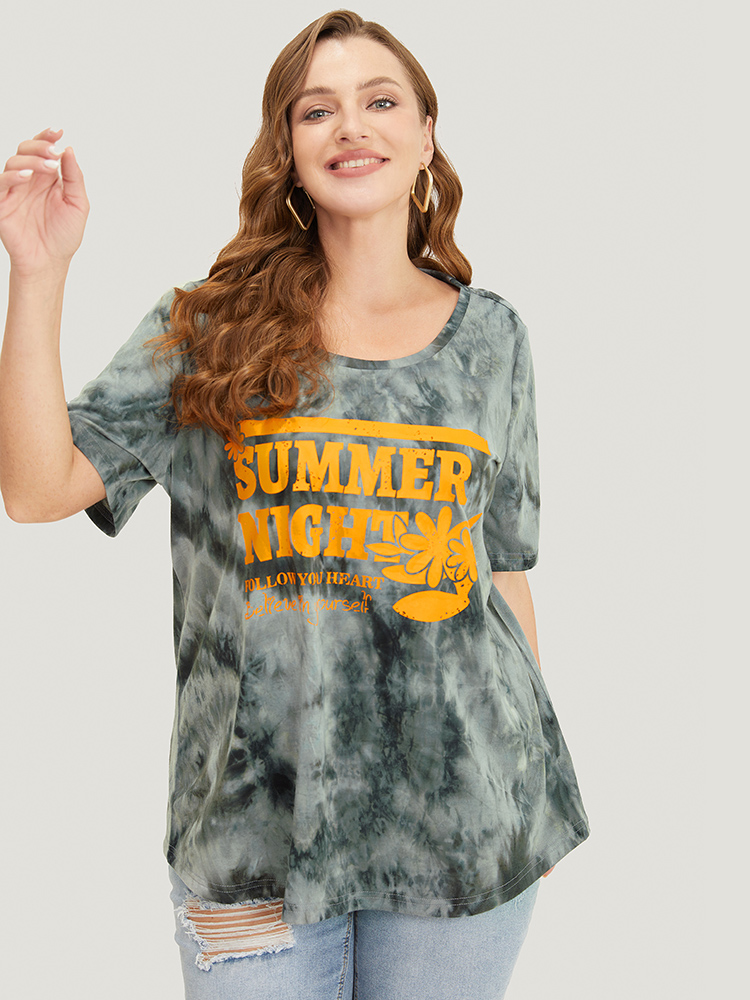 

Plus Size Tie Dye Round Neck Letter Graphic T-shirt DarkGray Women Casual Printed Letter Dailywear T-shirts BloomChic