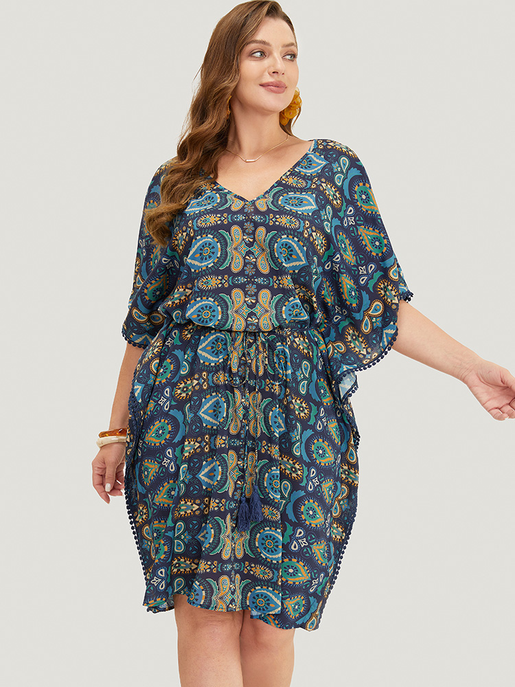 

Plus Size Paisley Print Dolman Sleeve Tassels Pompom Trim Cover Up Women Blue Vacation See through Loose Belt Dailywear Kimonos BloomChic