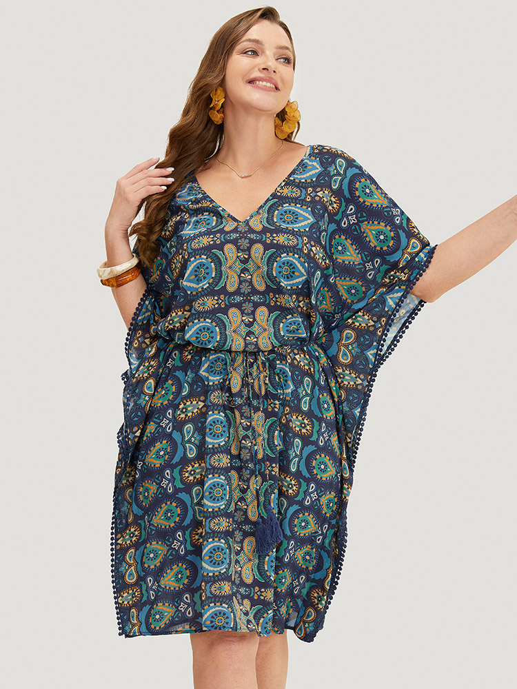 

Plus Size Paisley Print Dolman Sleeve Tassels Pompom Trim Cover Up Women Blue Vacation See through Loose Belt Dailywear Kimonos BloomChic