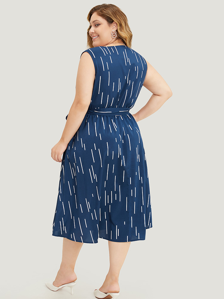 

Plus Size Geometric Pocket Ruffle Hem Belted Notched Neck Tank Dress DarkBlue Women Office Cross straps Notched collar Sleeveless Curvy Midi Dress BloomChic