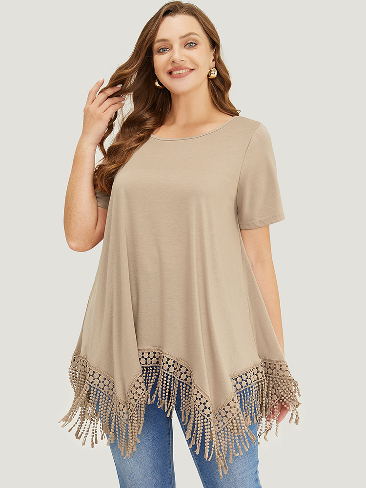 

Liberty Ruffle Tassels Plus Size Women T-shirts Elegance Plain Slightly Stretchy Sleeve Short Sleeve Round Neck Dailywear T-shirts BloomChic, Lightbrown