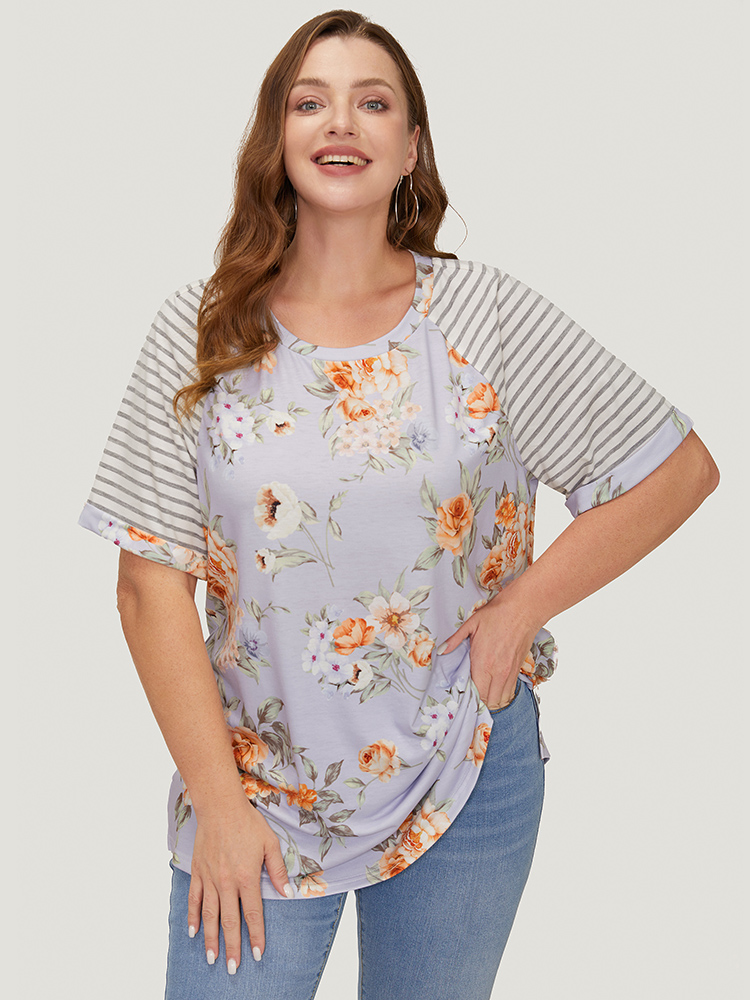 

Plus Size Floral & Striped Print Patchwork Roll Raglan Sleeve T-shirt Lavender Women Elegant Patchwork Striped Round Neck Dailywear T-shirts BloomChic