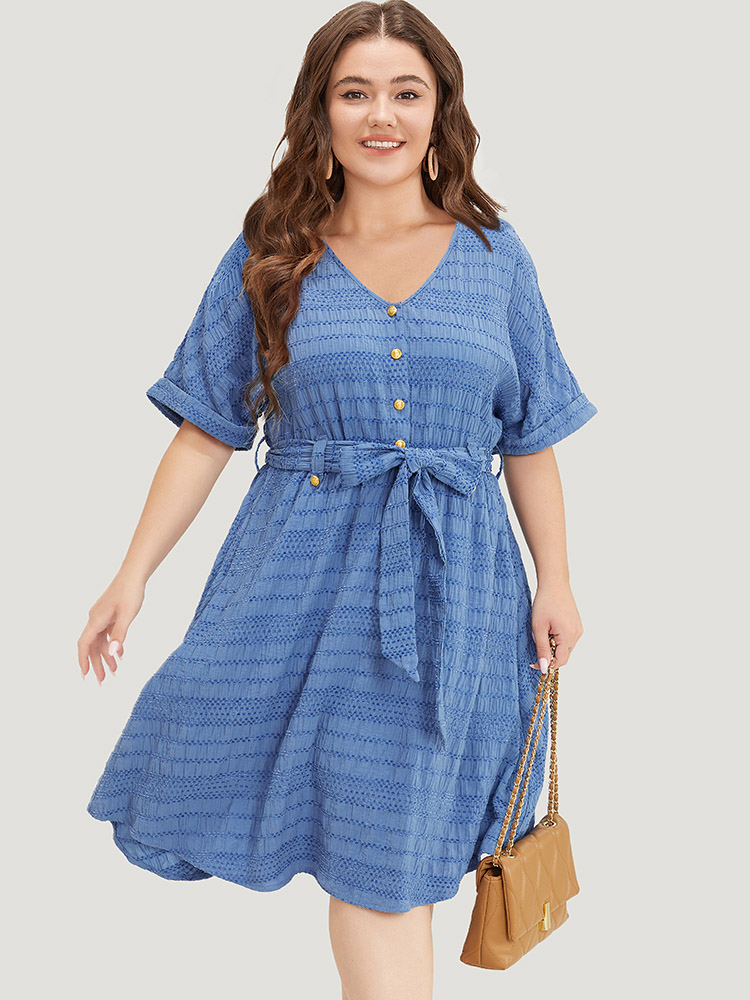 

Plus Size Solid Textured Pocket Roll Batwing Sleeve Button Up Knee Dress Stone Women Office Cross straps V-neck Short sleeve Curvy Knee Dress BloomChic