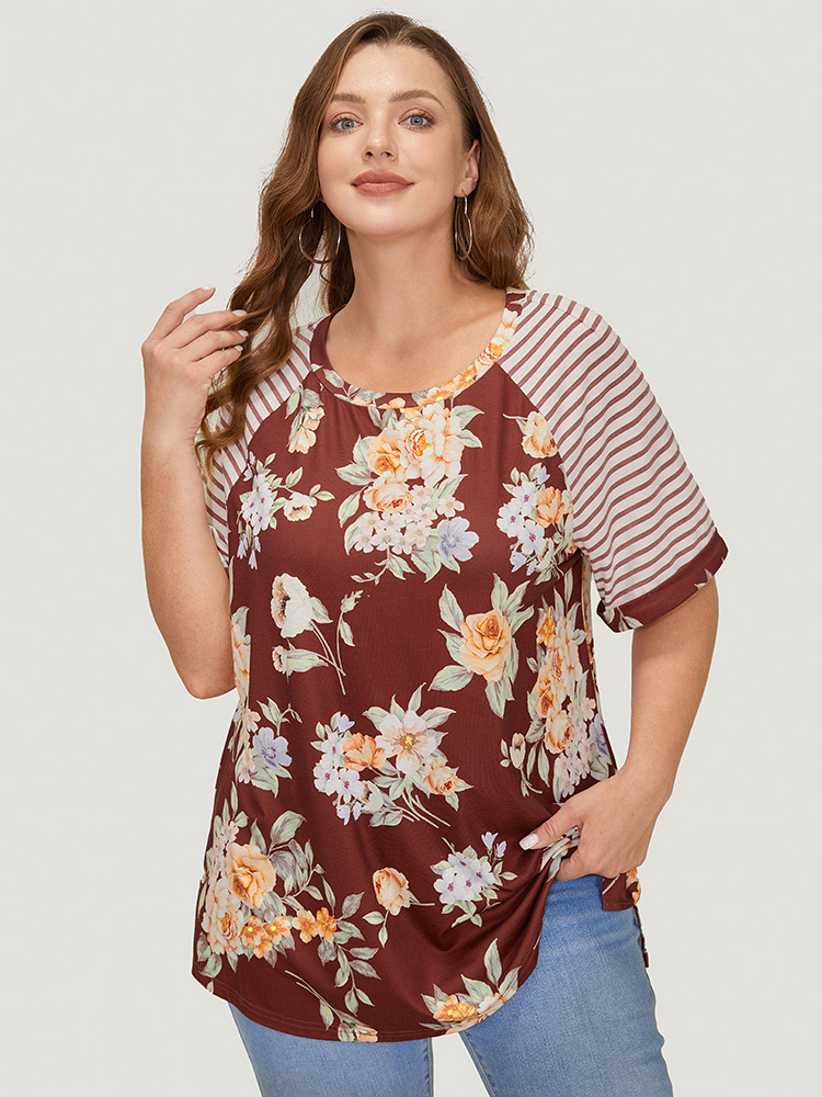 

Plus Size Floral & Striped Print Patchwork Roll Raglan Sleeve T-shirt Burgundy Women Elegant Patchwork Striped Round Neck Dailywear T-shirts BloomChic