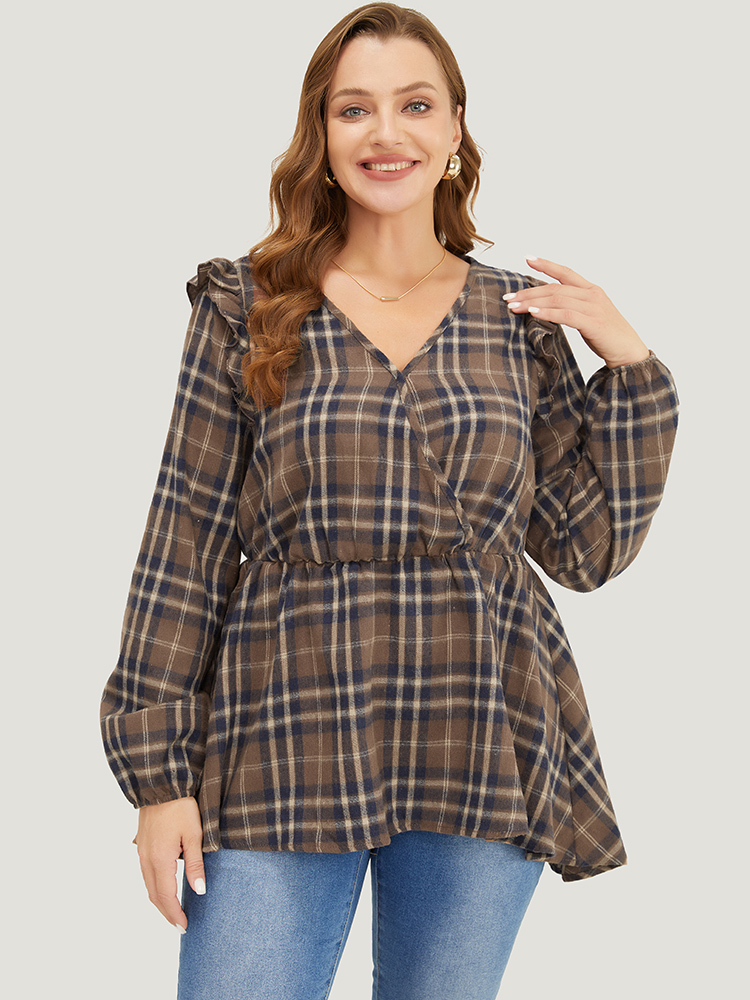 

Plus Size DarkBrown Plaid Ruffles Trim Lantern Sleeve Asymmetrical Hem Wrap Blouse Women Elegant Long Sleeve V-neck Dailywear Blouses BloomChic