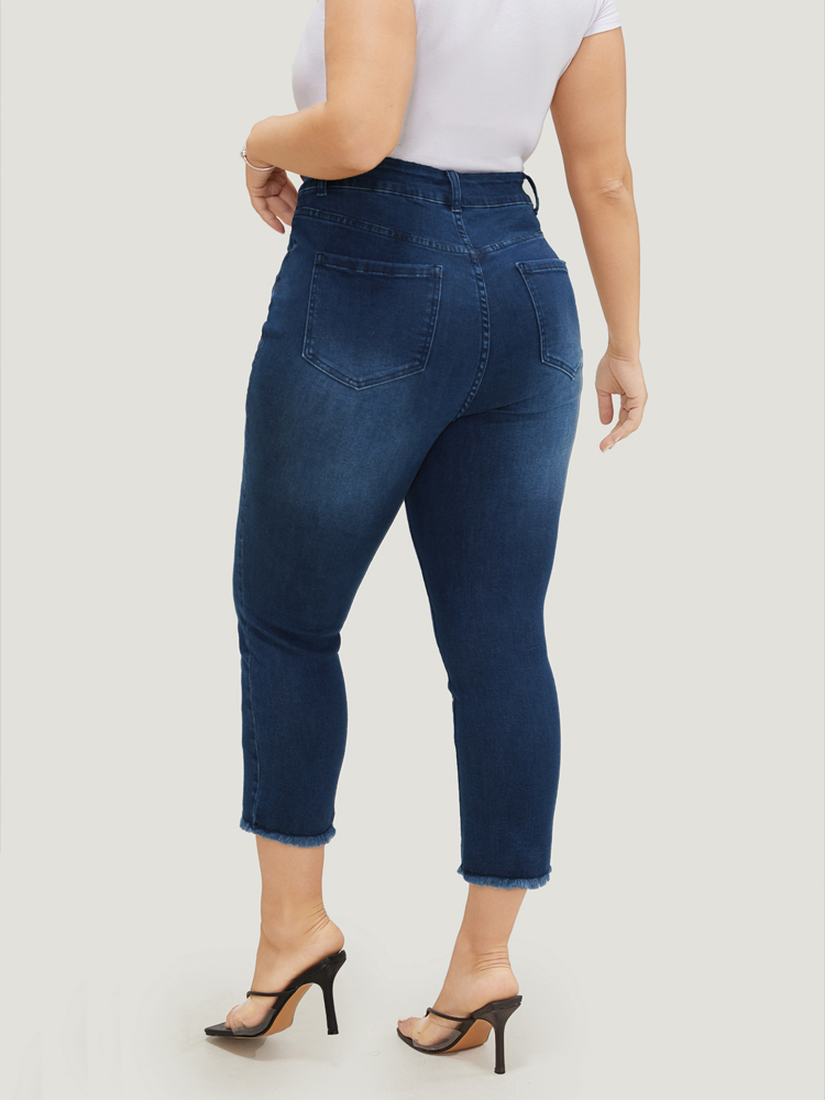 

Plus Size Very Stretchy High Rise Dark Wash Raw Hem Cropped Jeans Women DarkBlue Casual Plain High stretch Pocket Jeans BloomChic