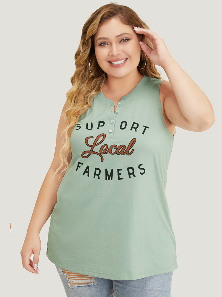 

Plus Size Letter Print Button Up Graphic Sleeveless Tank Top Women Mint Casual Button Round Neck Dailywear Tank Tops Camis BloomChic