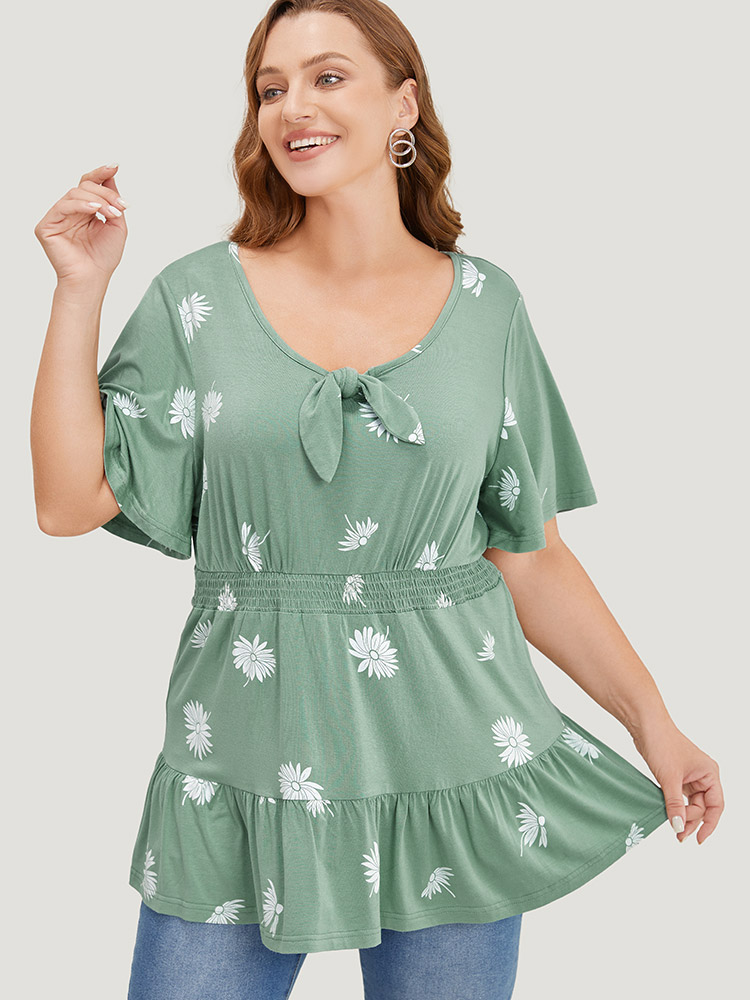 

Plus Size Daisy Floral Shirred Flutter Hem Bowknot T-shirt Mint V-neck Short sleeve Elegant Jersey Tops