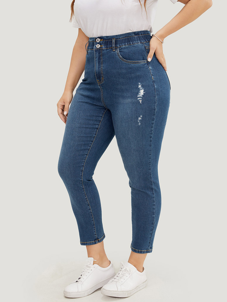 

Plus Size Very Stretchy High Rise Medium Wash Ripped Jeans Women Indigo Casual Plain High stretch Pocket Jeans BloomChic