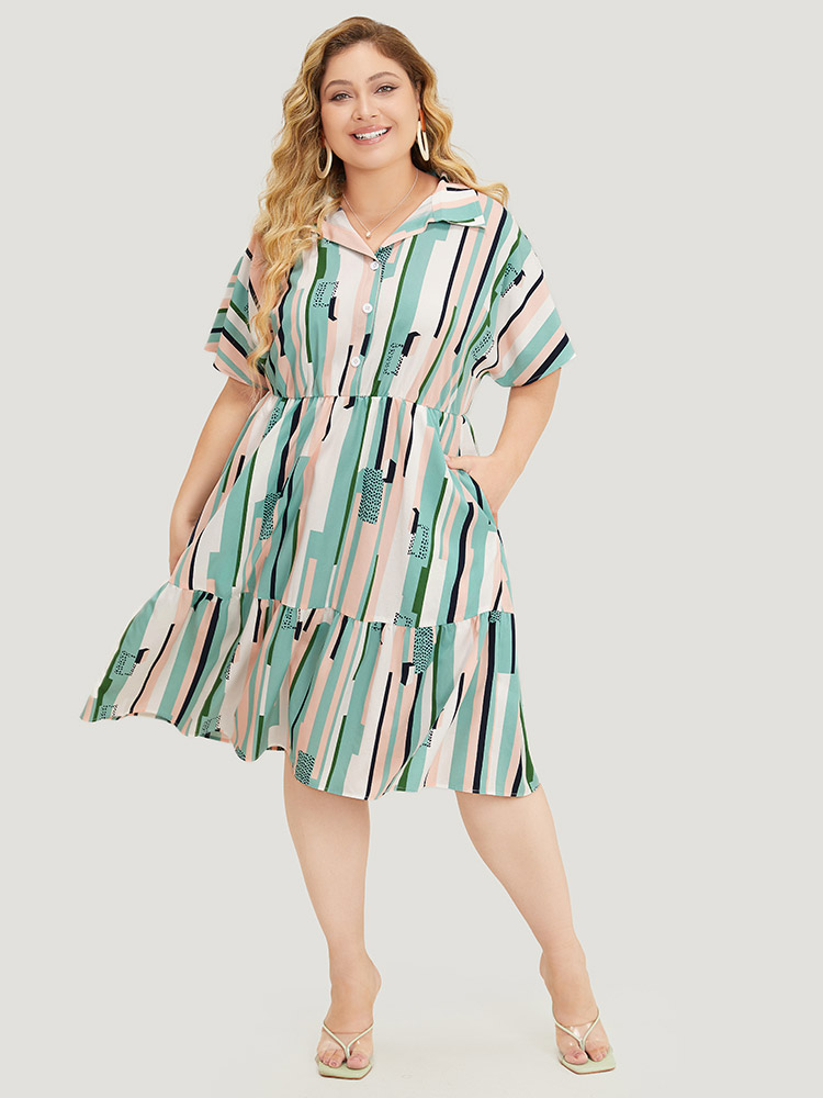 

Plus Size Geometric Print Button Detail Pocket Flutter Tiered Dress Multicolor Women Elegant Contrast Lapel Collar Short sleeve Curvy Knee Dress BloomChic