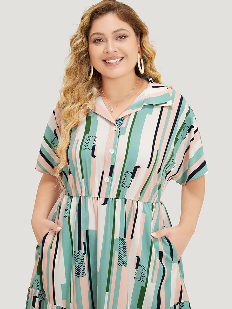 

Plus Size Geometric Print Button Detail Pocket Flutter Tiered Dress Multicolor Women Elegant Contrast Lapel Collar Short sleeve Curvy Knee Dress BloomChic