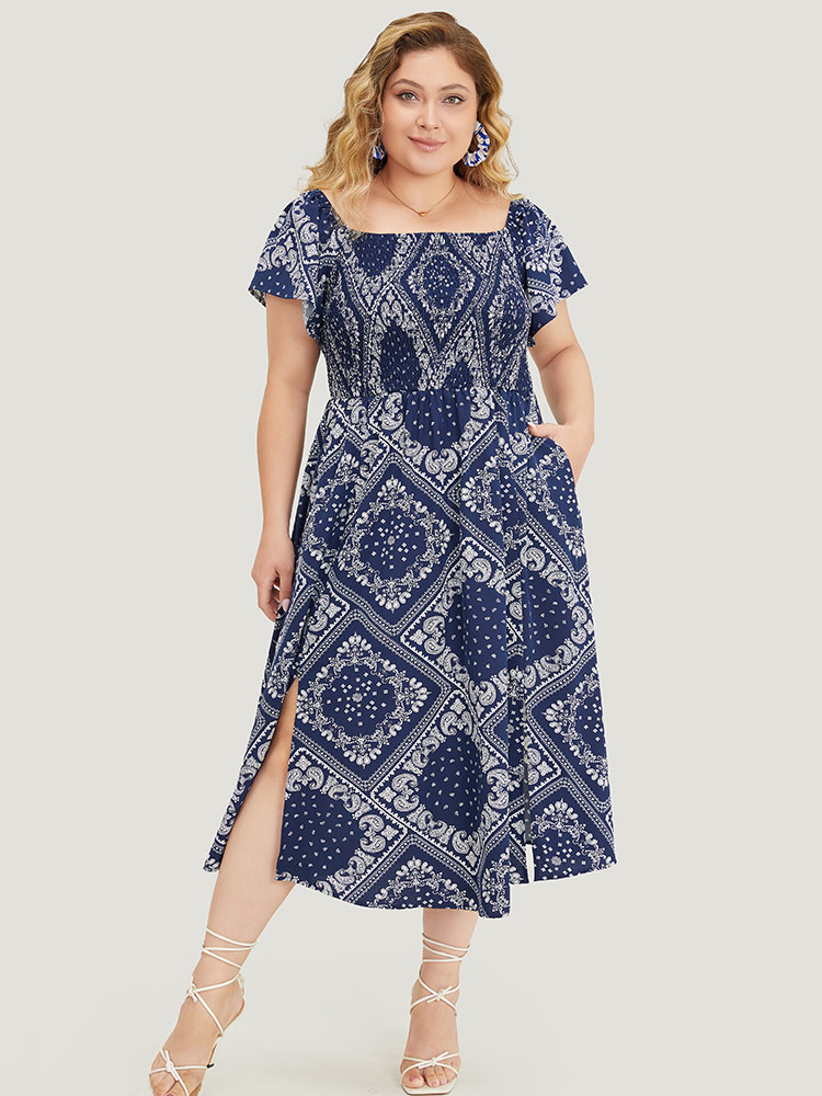 

Plus Size Paisley & Moroccan Print Pocket Shirred Square Neck Split Dress DarkBlue Women Vacation Slit One-shoulder neck Short sleeve Curvy Midi Dress BloomChic