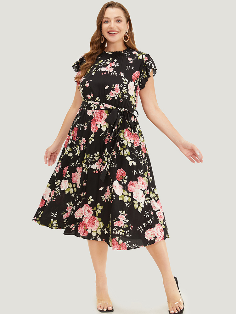 

Plus Size Floral Frill Trim Mock Neck Pocket Ruffle Belted Cap Sleeve Dress Black Women Elegant Non Round Neck Short sleeve Curvy Midi Dress BloomChic