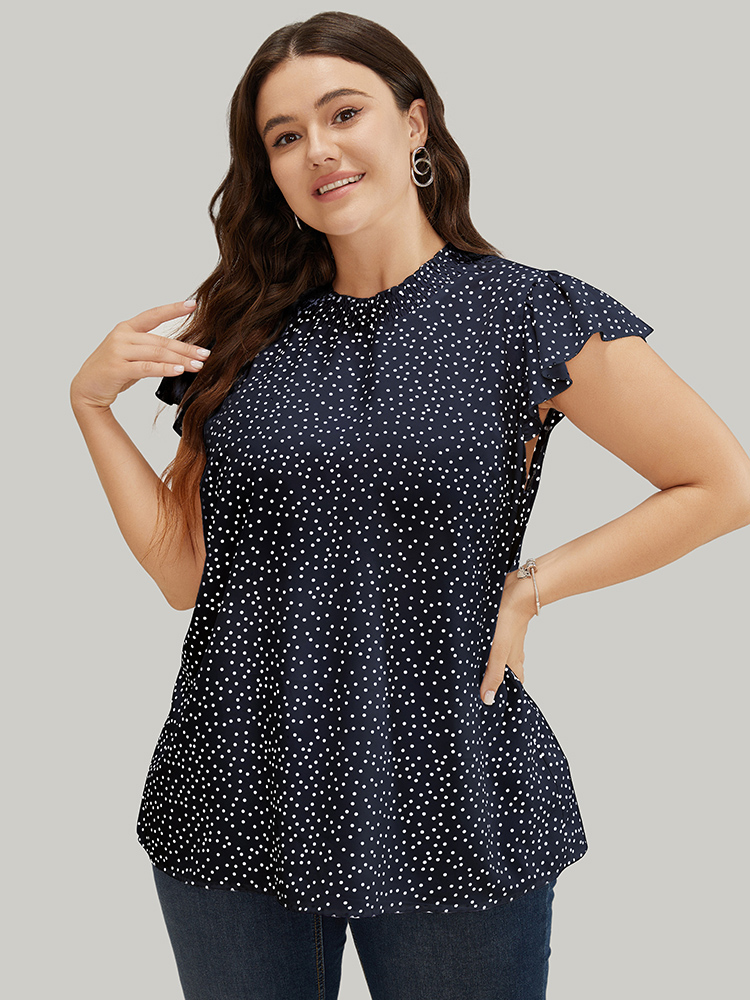 

Plus Size Indigo Polka Dot Shirred Mock Neck Cap Sleeve Blouse Women Elegant Cap Sleeve Mock Neck Everyday Blouses BloomChic