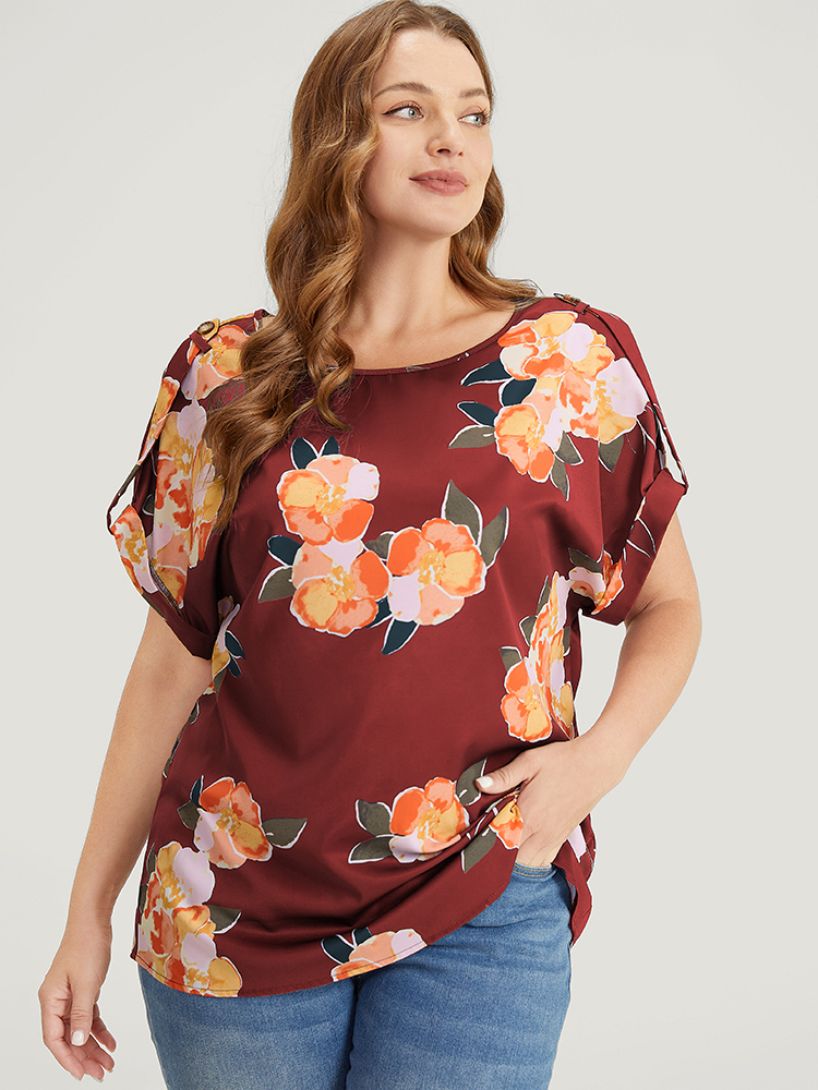 Plus Size Women Dailywear Floral Dolman Sleeve Short sleeve Round Neck Elegant Blouses BloomChic 