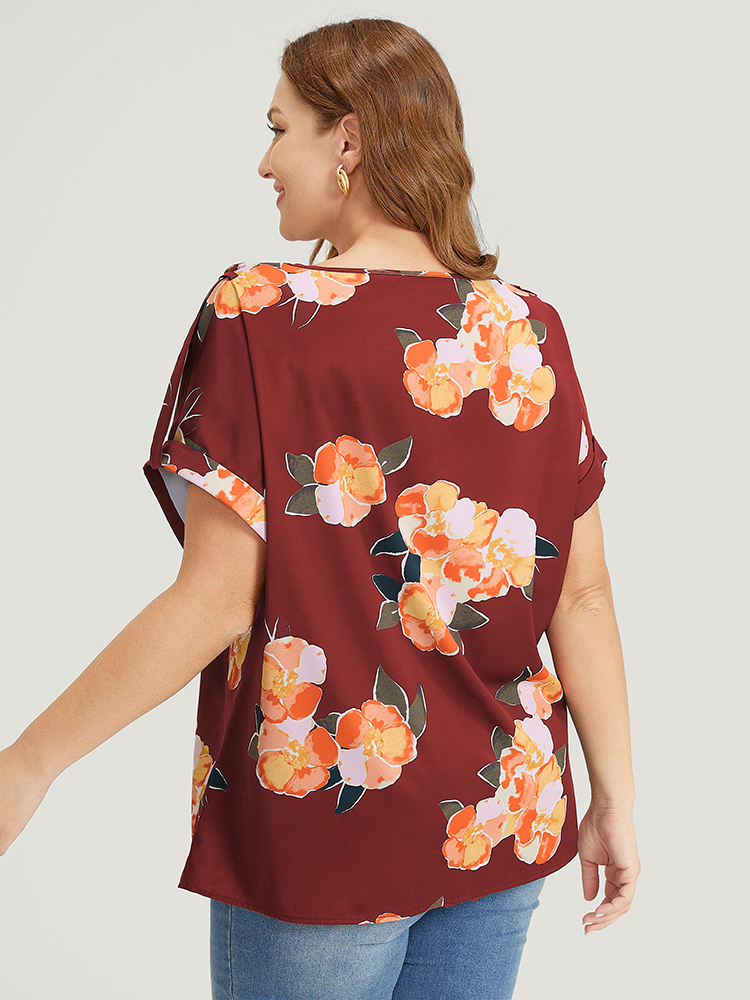 Plus Size Women Dailywear Floral Dolman Sleeve Short sleeve Round Neck Elegant Blouses BloomChic 