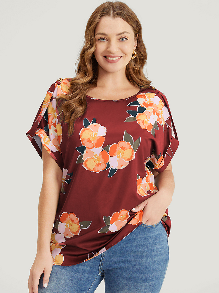 Plus Size Women Dailywear Floral Dolman Sleeve Short sleeve Round Neck Elegant Blouses BloomChic 