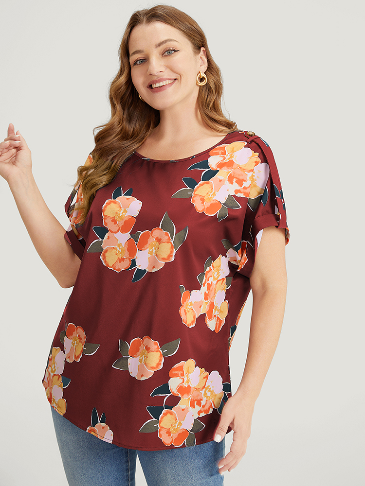 Plus Size Women Dailywear Floral Dolman Sleeve Short sleeve Round Neck Elegant Blouses BloomChic 