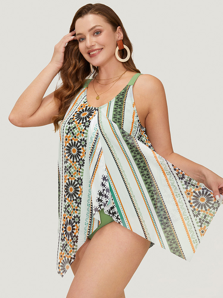 

Plus Size Bandana Print Split Hanky Hem One Piece Swimsuit Women's Swimwear YellowGreen Vacation Skinny High stretch Curve Swim Dresses BloomChic