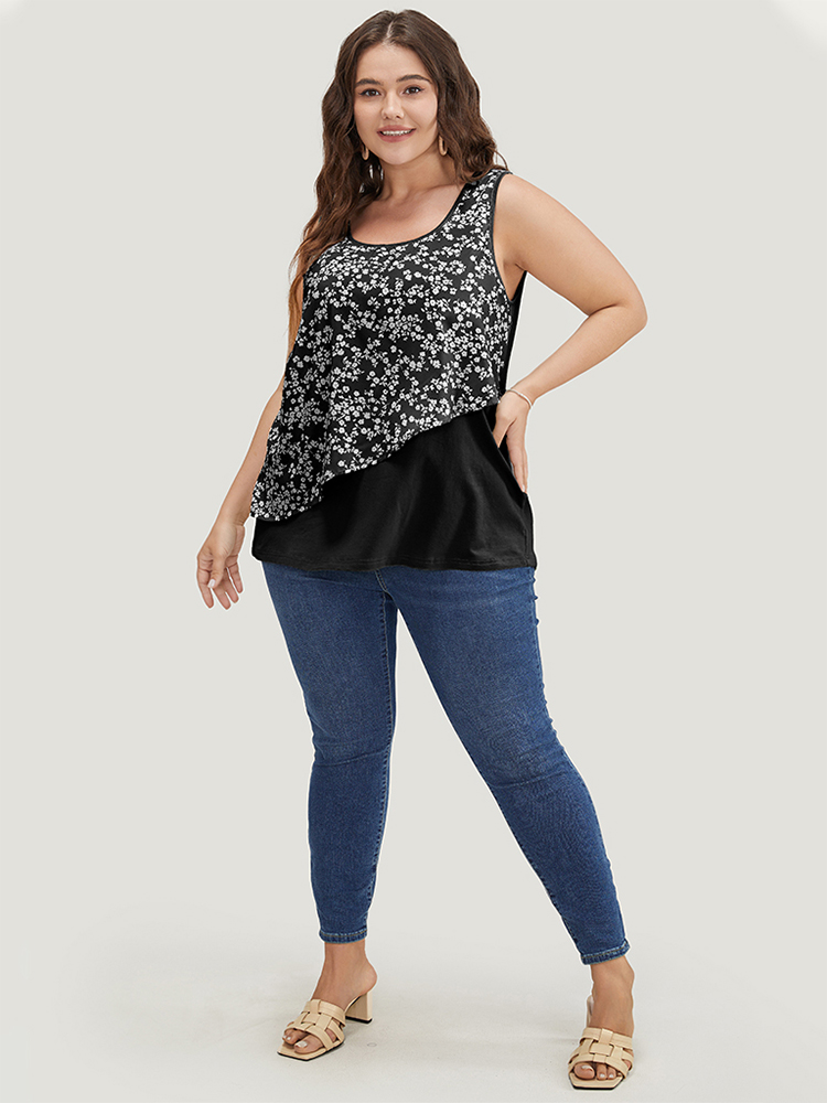 Plus Size Women Dailywear Ditsy Floral Patchwork Sleeveless Sleeveless Round Neck Elegant Tank Tops Camis BloomChic 