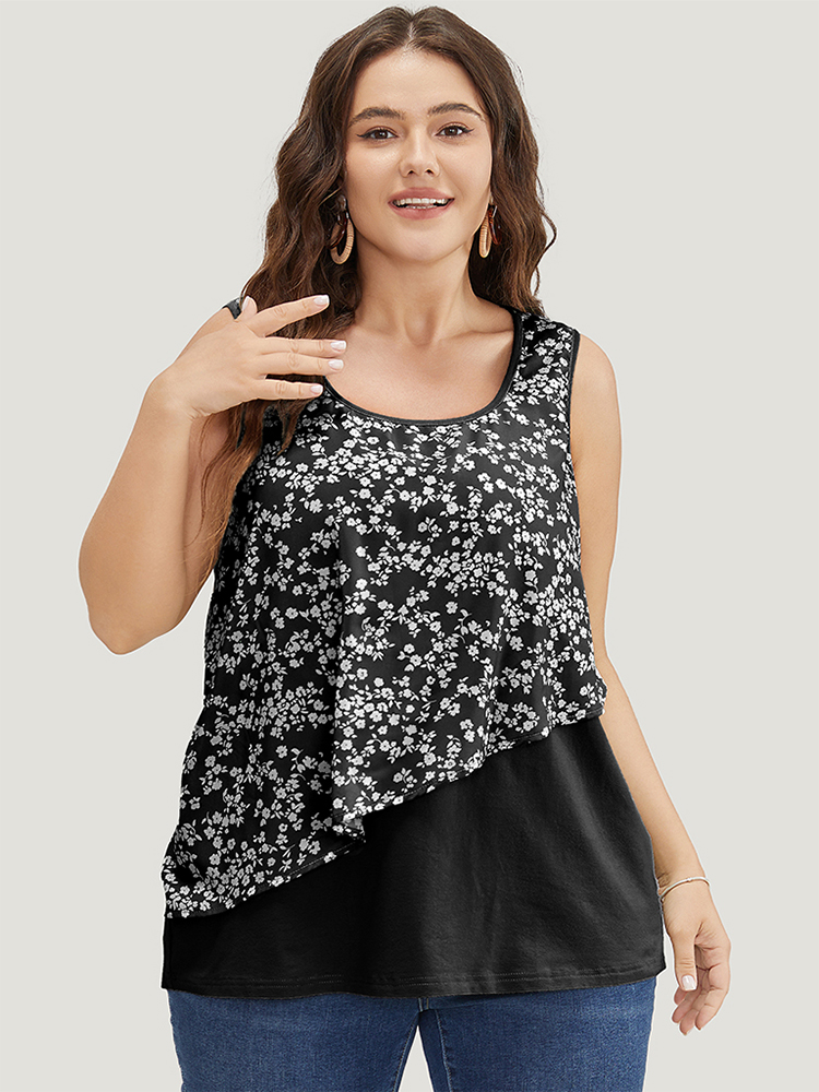 Plus Size Women Dailywear Ditsy Floral Patchwork Sleeveless Sleeveless Round Neck Elegant Tank Tops Camis BloomChic 