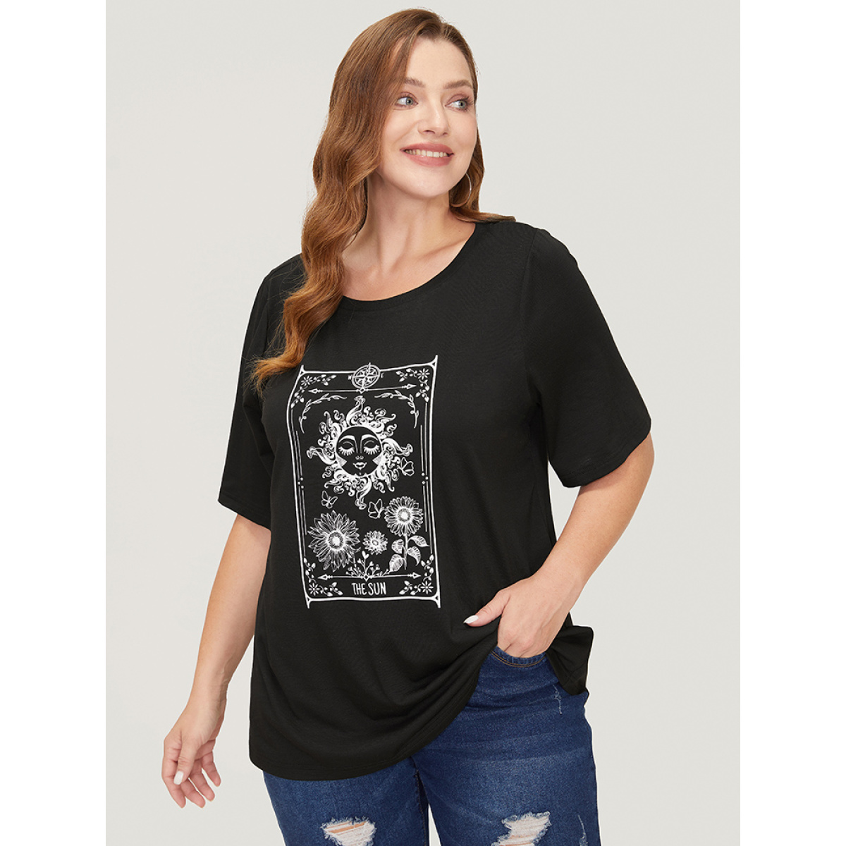 

Plus Size Sunflower & Sun Print Roll Sleeve T-shirt Black Women Casual Natural Flowers Round Neck Everyday T-shirts BloomChic