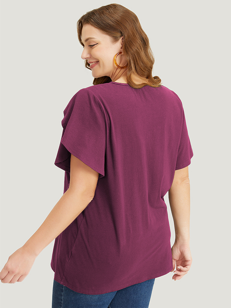 

Plus Size Plain Guipure Lace Petal Sleeve T-shirt Purple Women Elegant Lace Plain V-neck Dailywear T-shirts BloomChic
