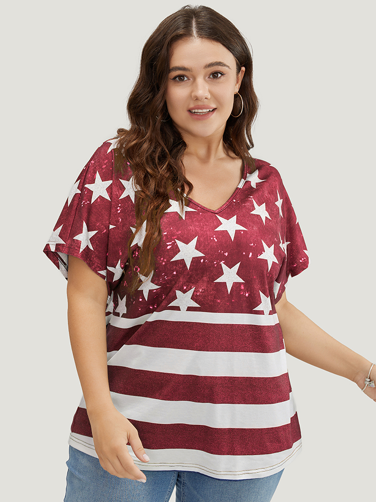 

Plus Size Star & Striped Print Batwing Sleeve T-shirt Red Women Casual Moon and Star V-neck Everyday T-shirts BloomChic