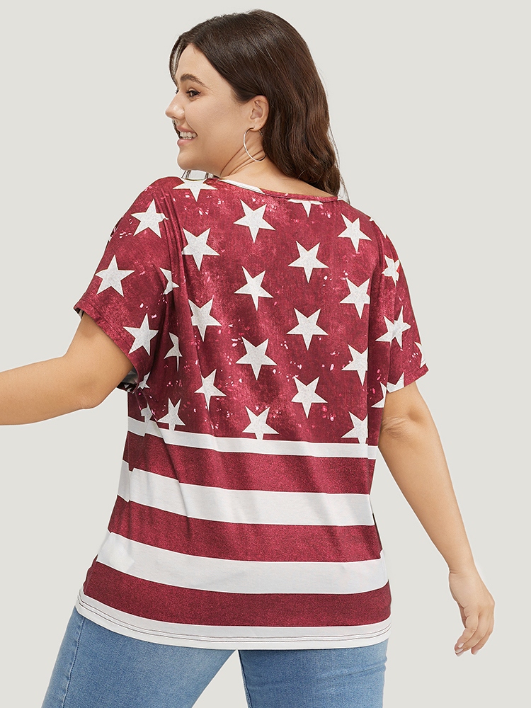 

Plus Size Star & Striped Print Batwing Sleeve T-shirt Red Women Casual Moon and Star V-neck Everyday T-shirts BloomChic