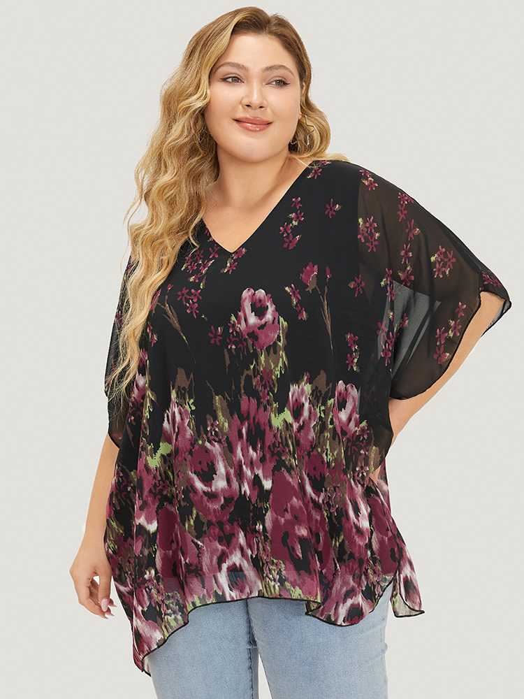 

Plus Size RedViolet Pixel Flower Mesh Batwing Sleeve Chiffon Blouse Women Vacation Short sleeve V-neck Dailywear Blouses BloomChic