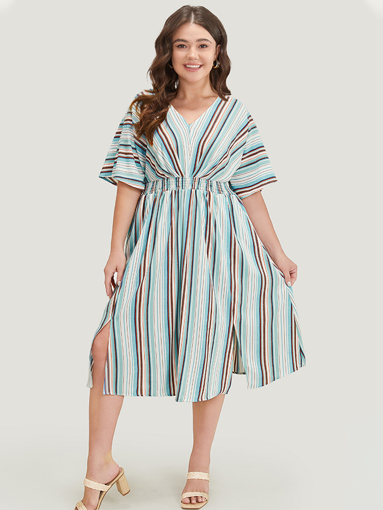 

Plus Size Striped Contrast Shirred Split Hem Batwing Sleeve Pocket Dress Blue Women Vacation Contrast V-neck Half Sleeve Curvy Midi Dress BloomChic