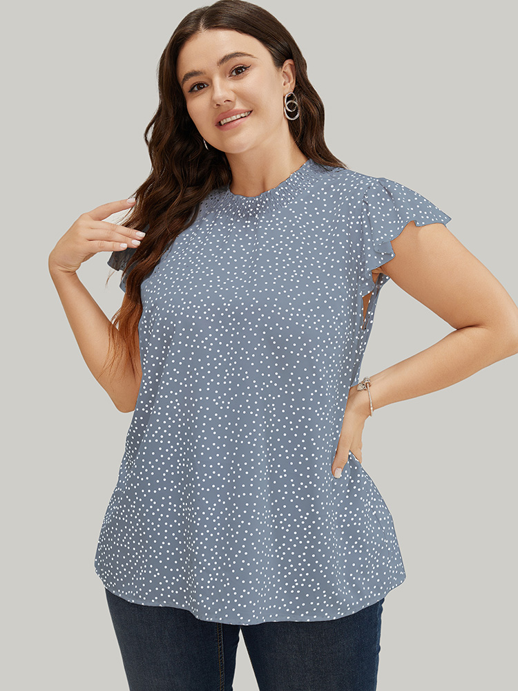 

Plus Size Stone Polka Dot Shirred Mock Neck Cap Sleeve Blouse Women Elegant Cap Sleeve Mock Neck Everyday Blouses BloomChic