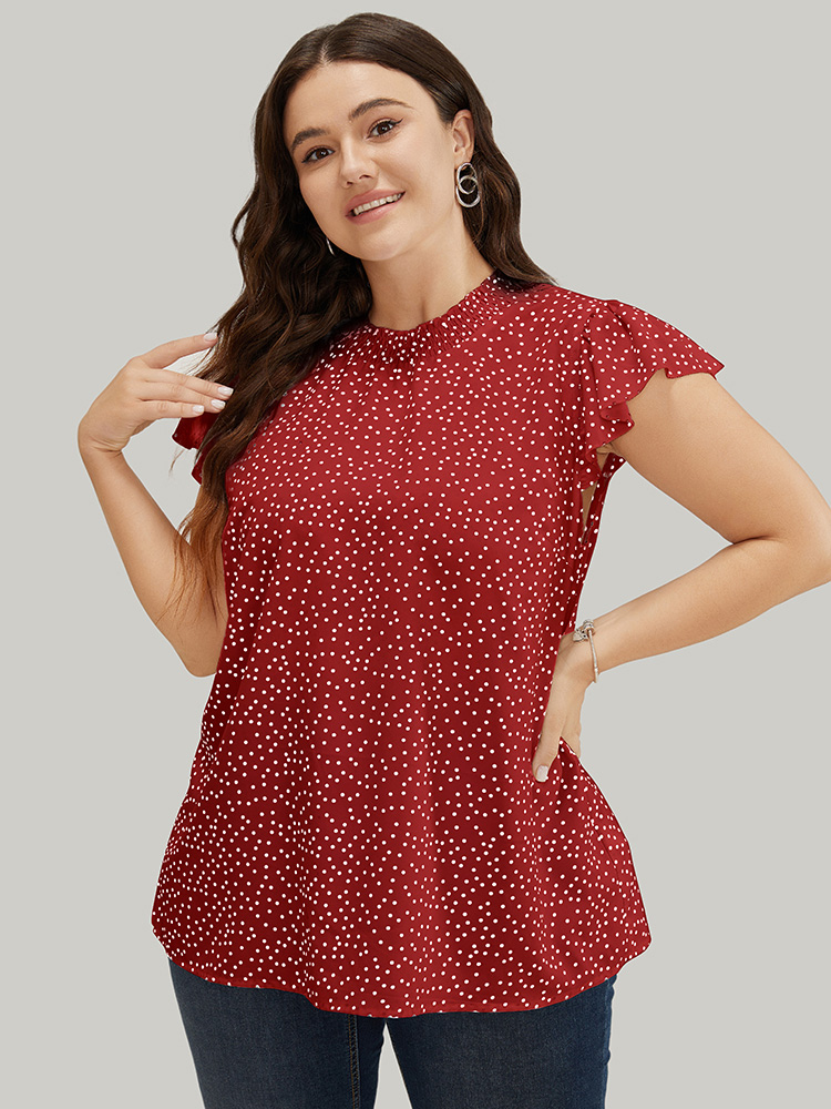 

Plus Size Scarlet Polka Dot Shirred Mock Neck Cap Sleeve Blouse Women Elegant Cap Sleeve Mock Neck Everyday Blouses BloomChic