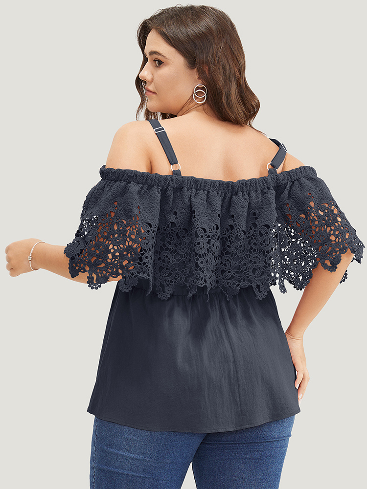 

Plus Size Indigo Plain Lace Trim Ruffle Hem Cold Shoulder Blouse Women Vacation Short sleeve Cold Shoulder Dailywear Blouses BloomChic