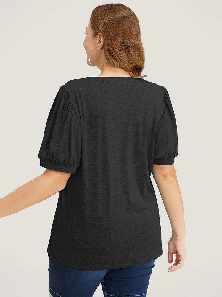 

Plus Size Plain Puff Sleeve V Neck Heather T-shirt Black V-neck Short sleeve Elegant Jersey Tops