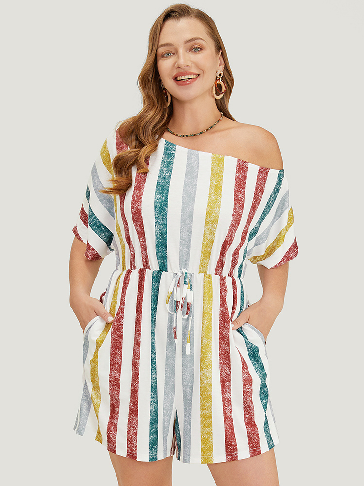 

Plus Size Multicolor Striped Contrast Knot Pocket One Shoulder Romper Women Vacation Short sleeve One Shoulder Dailywear Loose Jumpsuits BloomChic